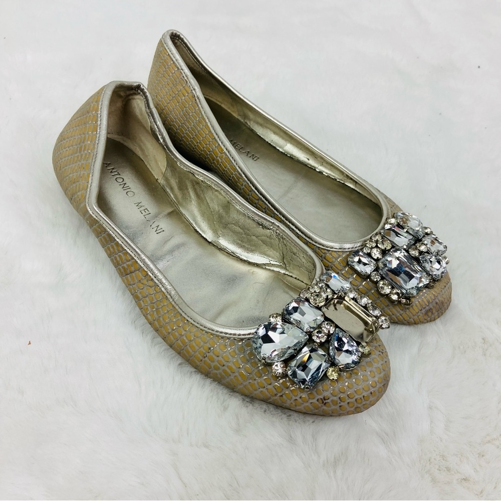 ANTONIO MELANI Metallic silver embellished Jeweled Ballet Flats size 8.5